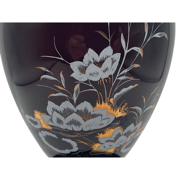 VTG Crystalex Deep Amethyst Bohemian Czech Crystal Vase Painted Flowers 8.5" Tal - Picture 2 of 11